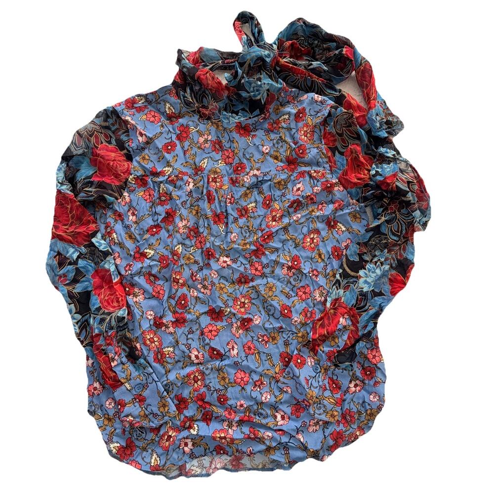 See by Chloe Tie-Back Chiffon-Sleeve Blouse Blue Floral Print Crepe Size 36